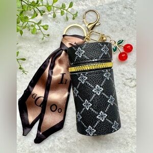 New Black Flower Diamond Print Mini Bag Purse Charm Keychain w/ Scarf & Cherry